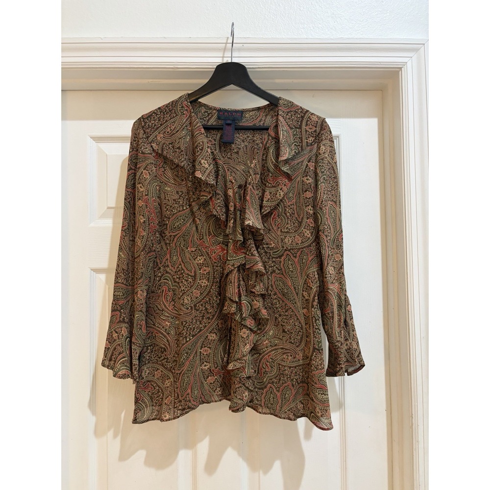 Vintage Ralph Lauren Paisley Ruffle Blouse Shirt Top Brown Red Green